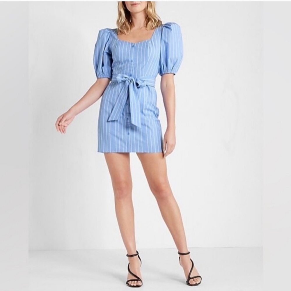EXPRESS Chic Blue Striped Mini Dress with Puff Sleeves
